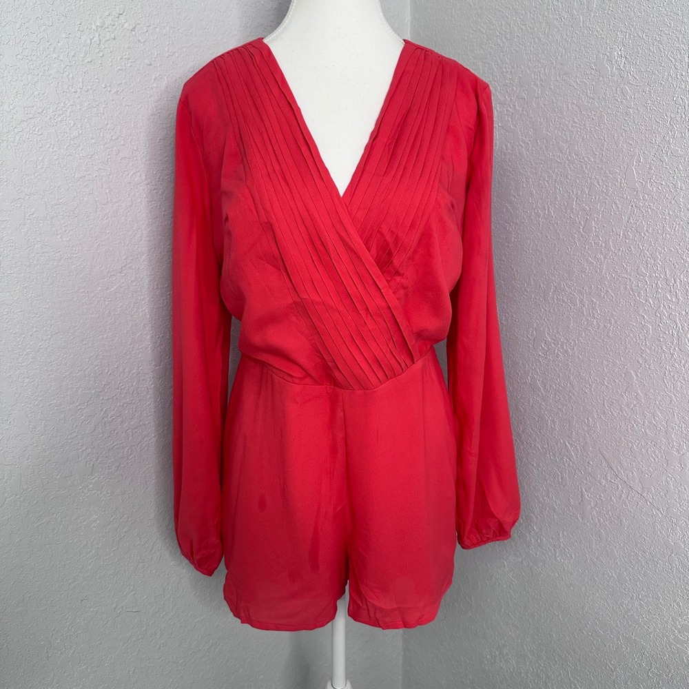Gracia Red Open‎ Back Pleated Surplice Romper with Back Cutout Style P13296